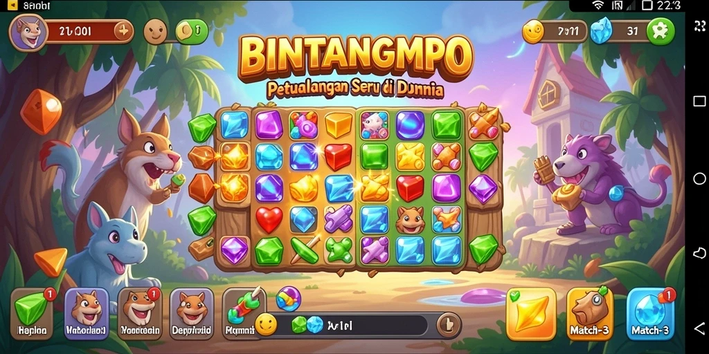 Screenshot gameplay BINTANGMPO dengan permata colorful yang sedang dimainkan.