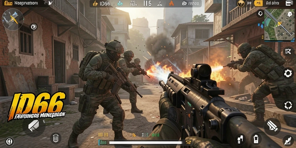Tampilan gameplay seru dalam ID66, memperlihatkan aksi FPS menegangkan.