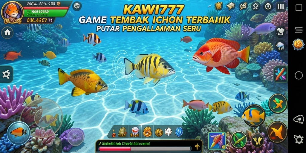 Screenshot gameplay KAWI777 menunjukkan aksi tembak ikan yang mendebarkan.