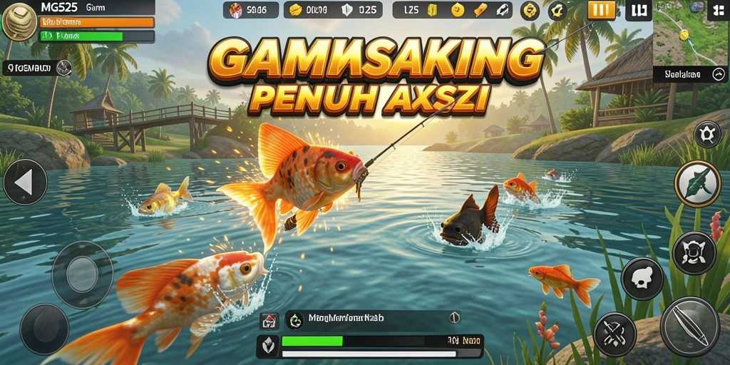 Screenshot gameplay MG525 menampilkan aksi memancing yang mendebarkan.