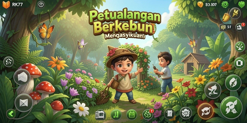 Gameplay RK77 yang menampilkan suasana pertanian yang ceria.