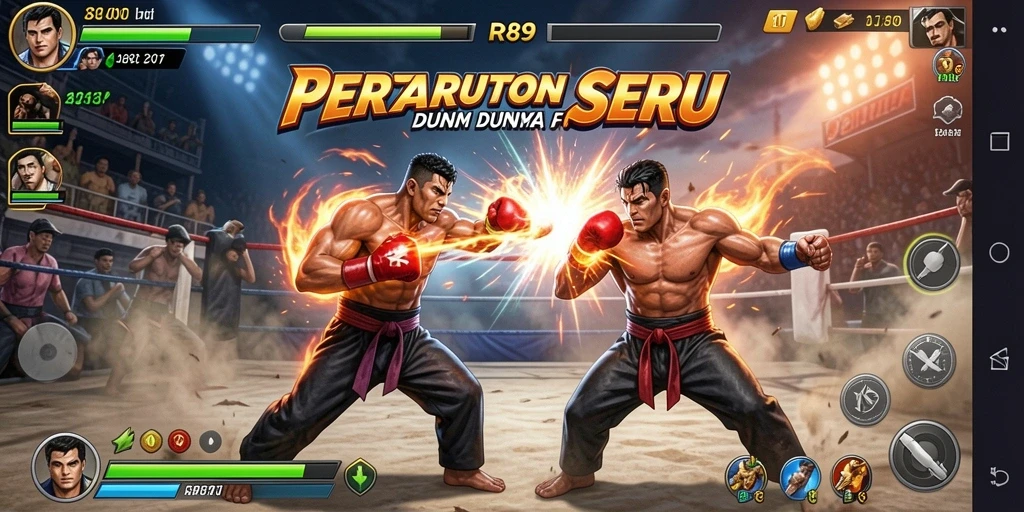 Screenshot utama menampilkan pertarungan intens dalam game Fighting.